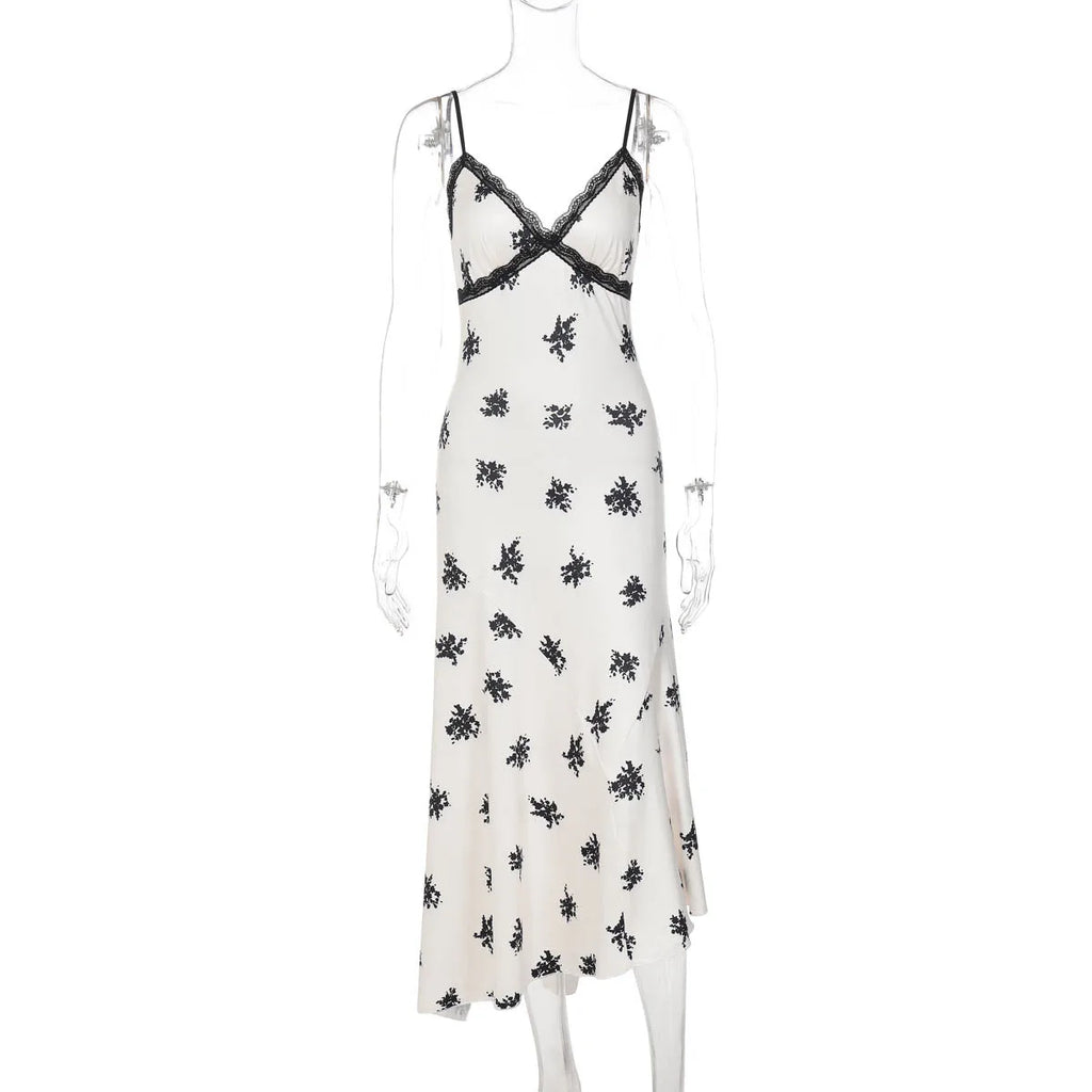 Patchwork Lace Midi Dress With Halter Neck And Backless Silhouette