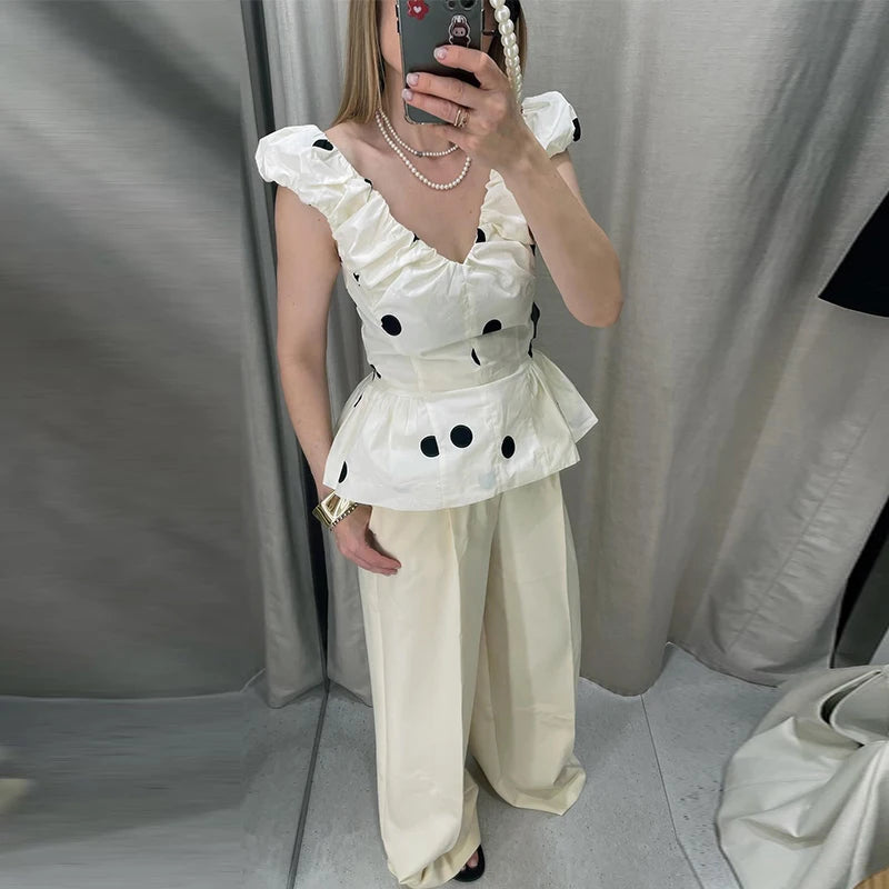 Fashion Women's Lady Suit Halter A-line Tops Bud Loose Skirt Polka Dot Set