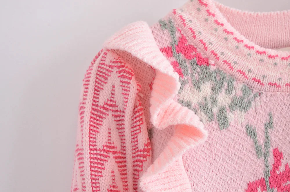 Front Wood Ears Ruffles Jacquard Cropped Sweater Vintage O neck Puff Sleeve Pullovers Short Jumper Knitwear