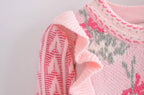 Front Wood Ears Ruffles Jacquard Cropped Sweater Vintage O neck Puff Sleeve Pullovers Short Jumper Knitwear