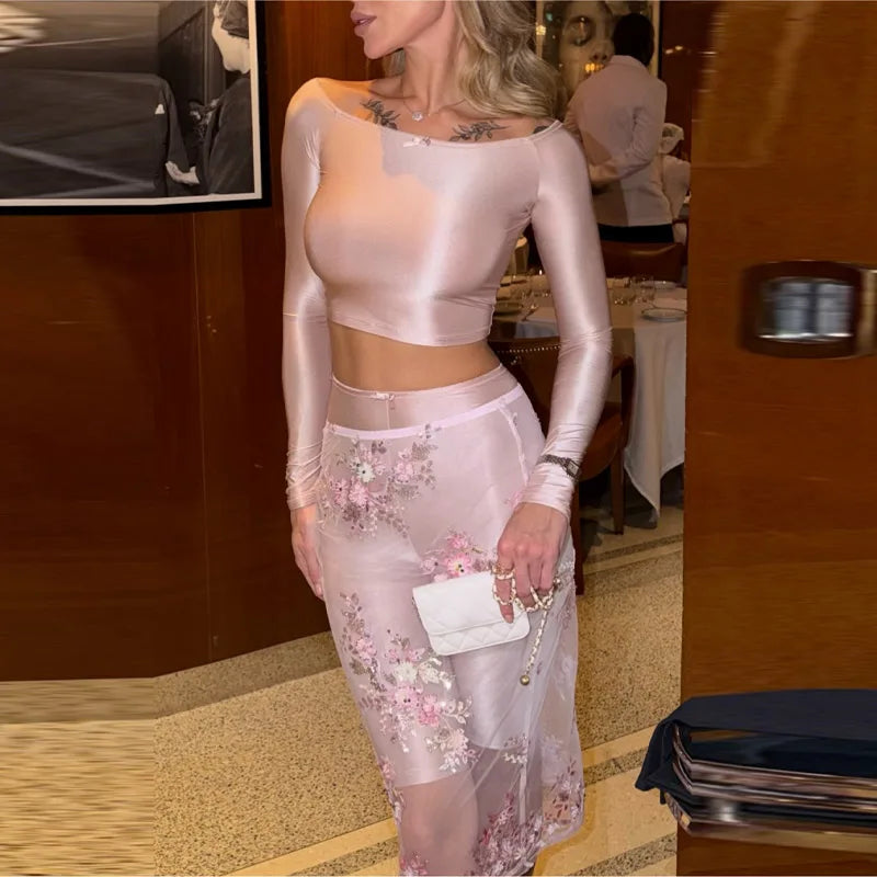 Satin Set With Off Shoulder Crop Top And Slim Pants Plus Embroidered Mesh Skirt