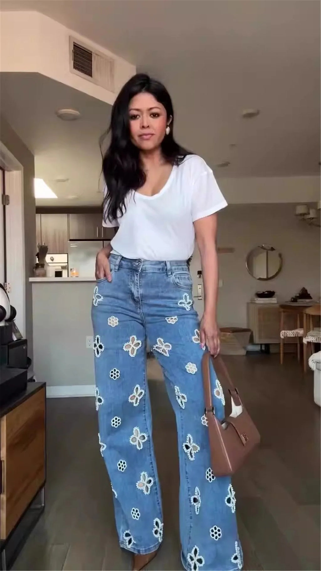 Glam Night Out Beaded Denim Jeans With Pearl Embellishments