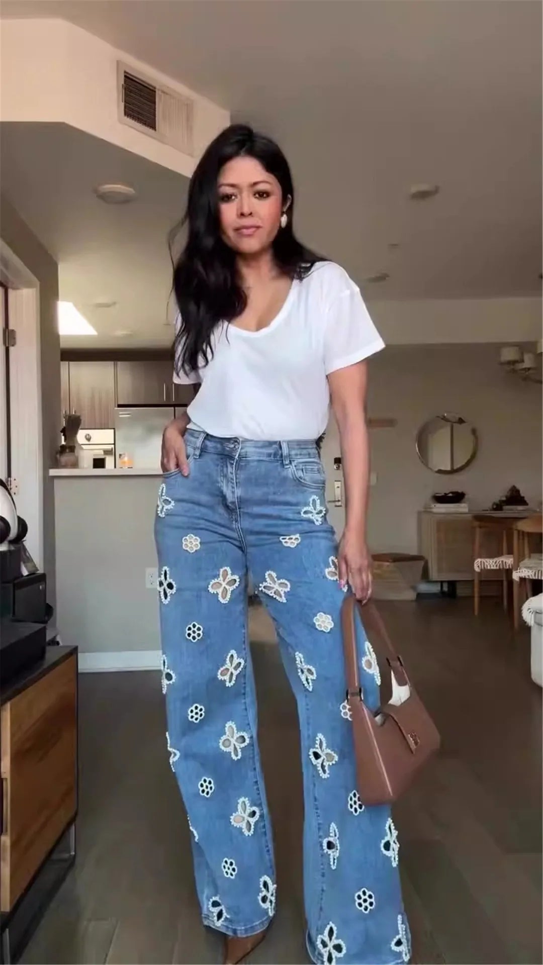 Glam Night Out Beaded Denim Jeans With Pearl Embellishments