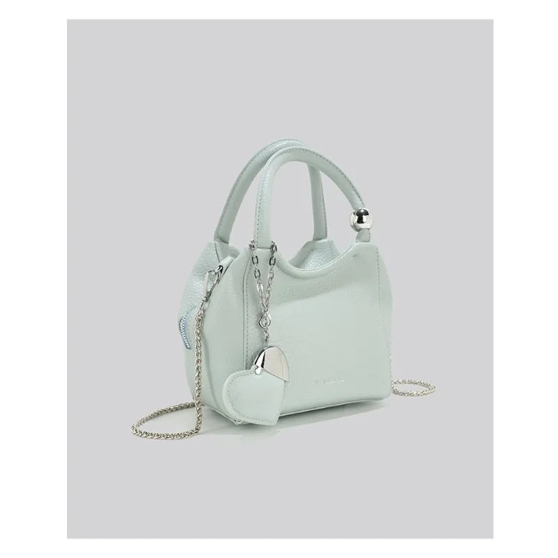 Romantic Litchi Grain Mini Shoulder Bag With Heart Pendant And Delicate Chain Strap