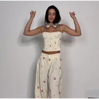 Chic Strips Pants Women Set Patchwork Slash Neck Bandage Top Pleated Asymmetry Trousers