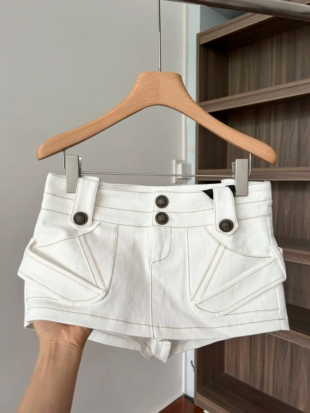 White Denim A Line Mini Skirt With Hip Wrap Cargo Pockets