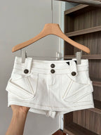 White Denim A Line Mini Skirt With Hip Wrap Cargo Pockets