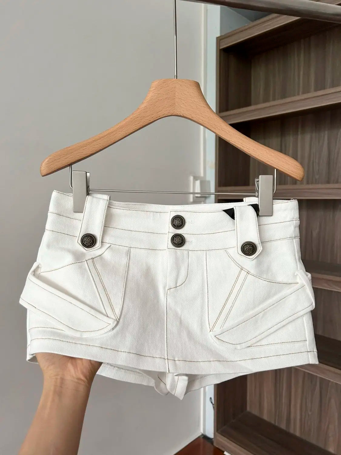 White Denim A Line Mini Skirt With Hip Wrap Cargo Pockets