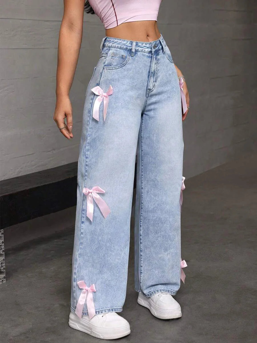 Street Chic Bowknot Denim Jeans With Loose Straight Wide Leg Silhouette In Washed Finish