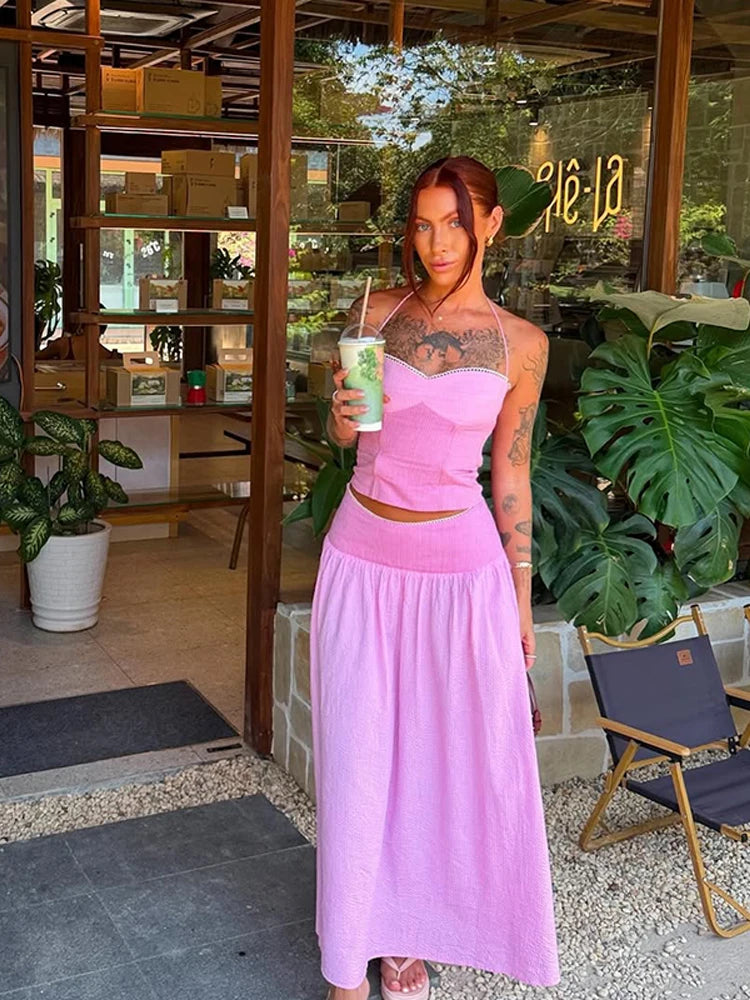 Hanging-Neck Top And A-Line Skirt Set Sleeveless Backless Bandage Style