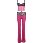 Patchwork Mesh Set With Leopard Print Skinny Pants Sexy Sleeveless Crop Top Street Style