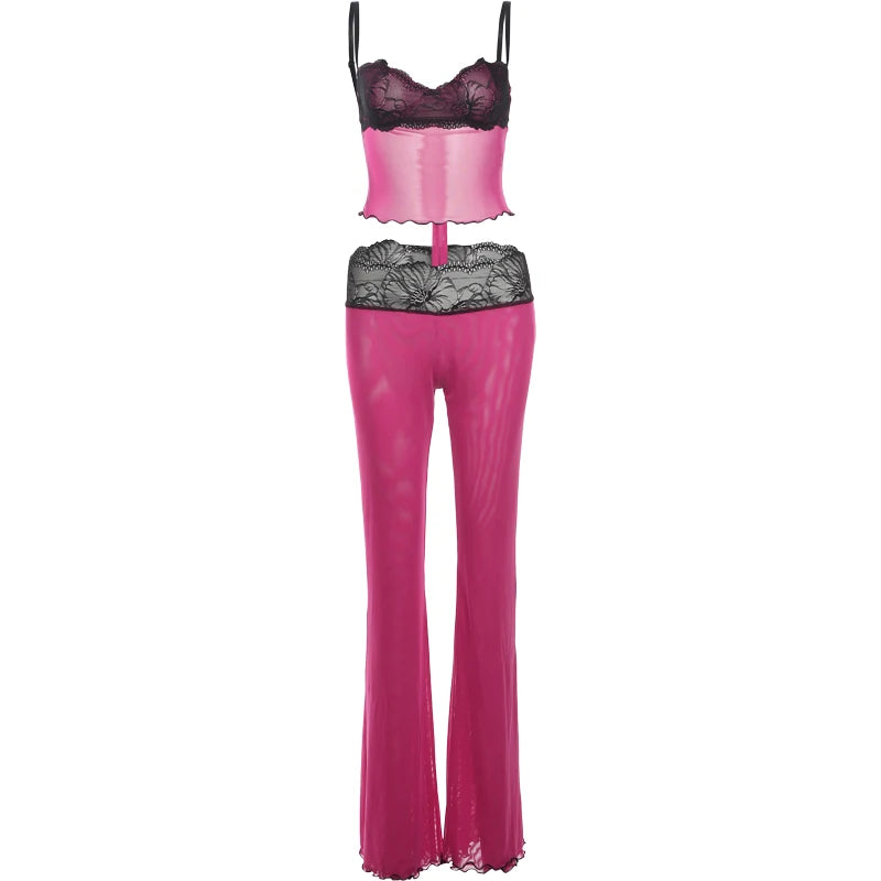 Patchwork Mesh Set With Leopard Print Skinny Pants Sexy Sleeveless Crop Top Street Style