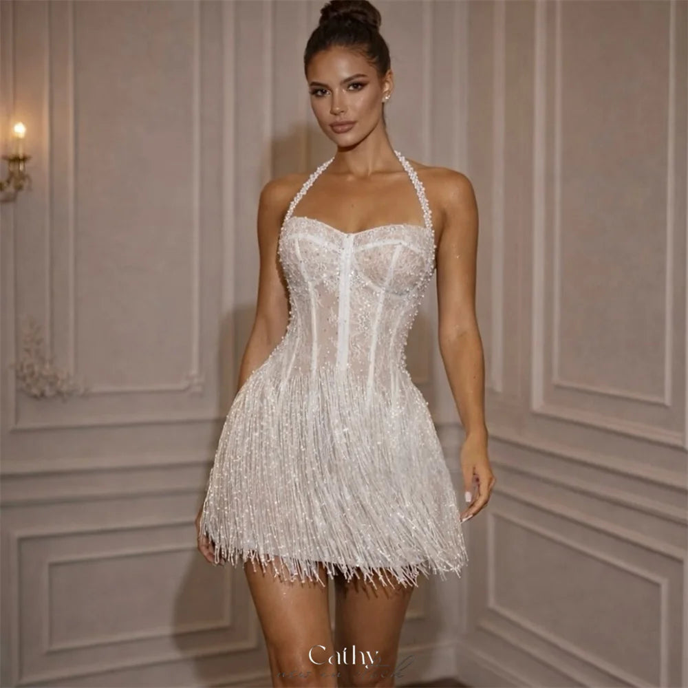 White Halter Neck Tassel Dress With Pearl Embellishments Mini Length Lace Up Back Elegant Evening Attire