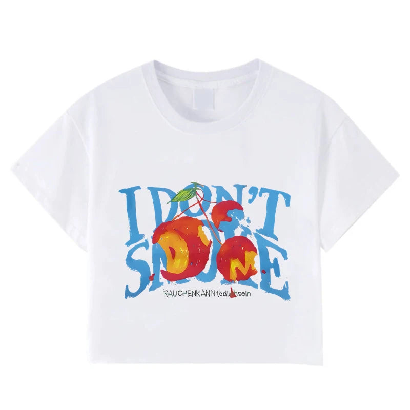 Cherry Graphic Cropped Tee With I Do Not Smoke Message One Hundred Percent Cotton Women's Top