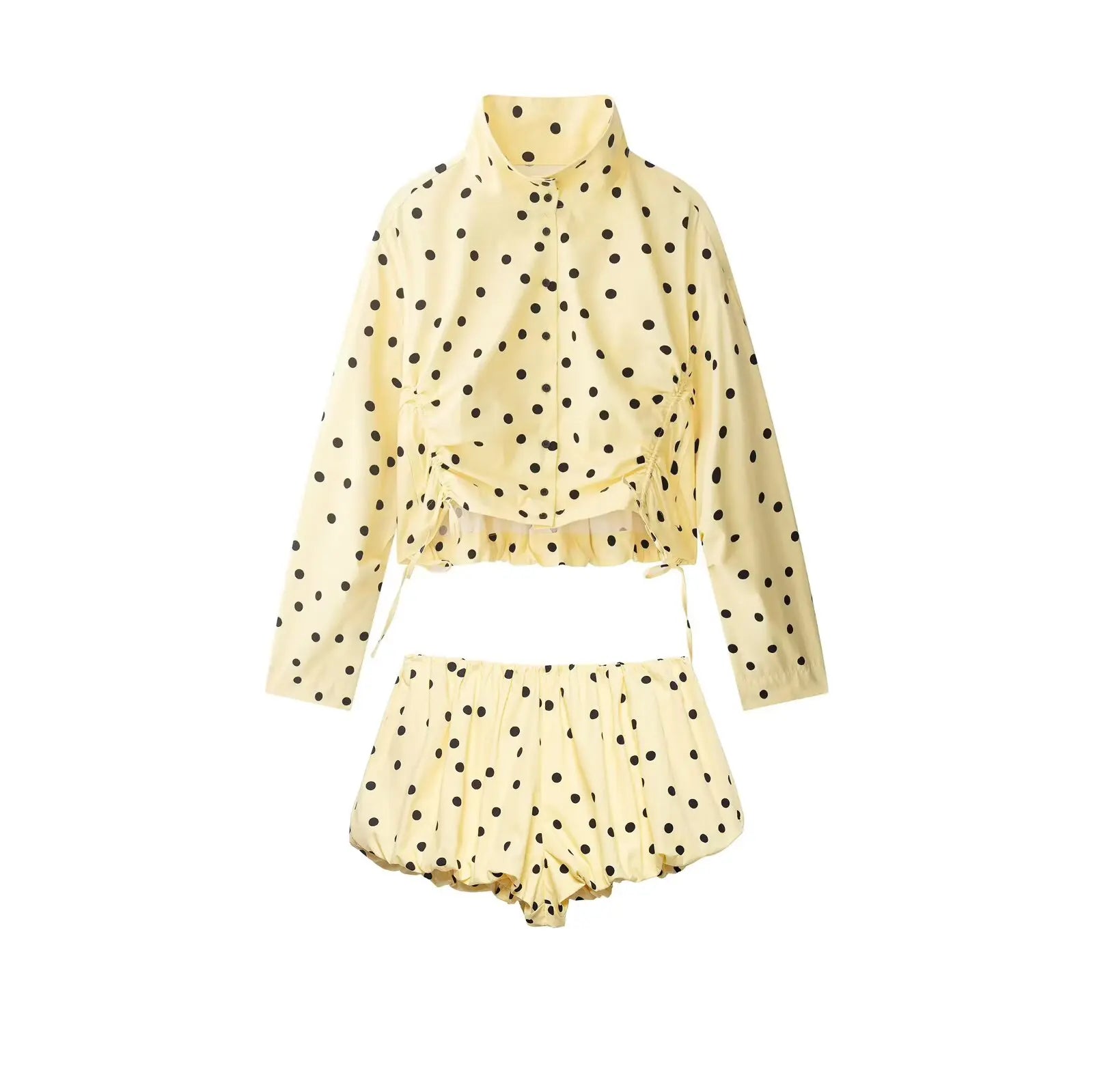 Yellow Polka Dot Two Piece Set With High-Neck Jacket And Balloon Shorts