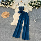 Denim Inspired Two Piece Set Strapless Top And High Waist Wide Leg Pants With Zipper