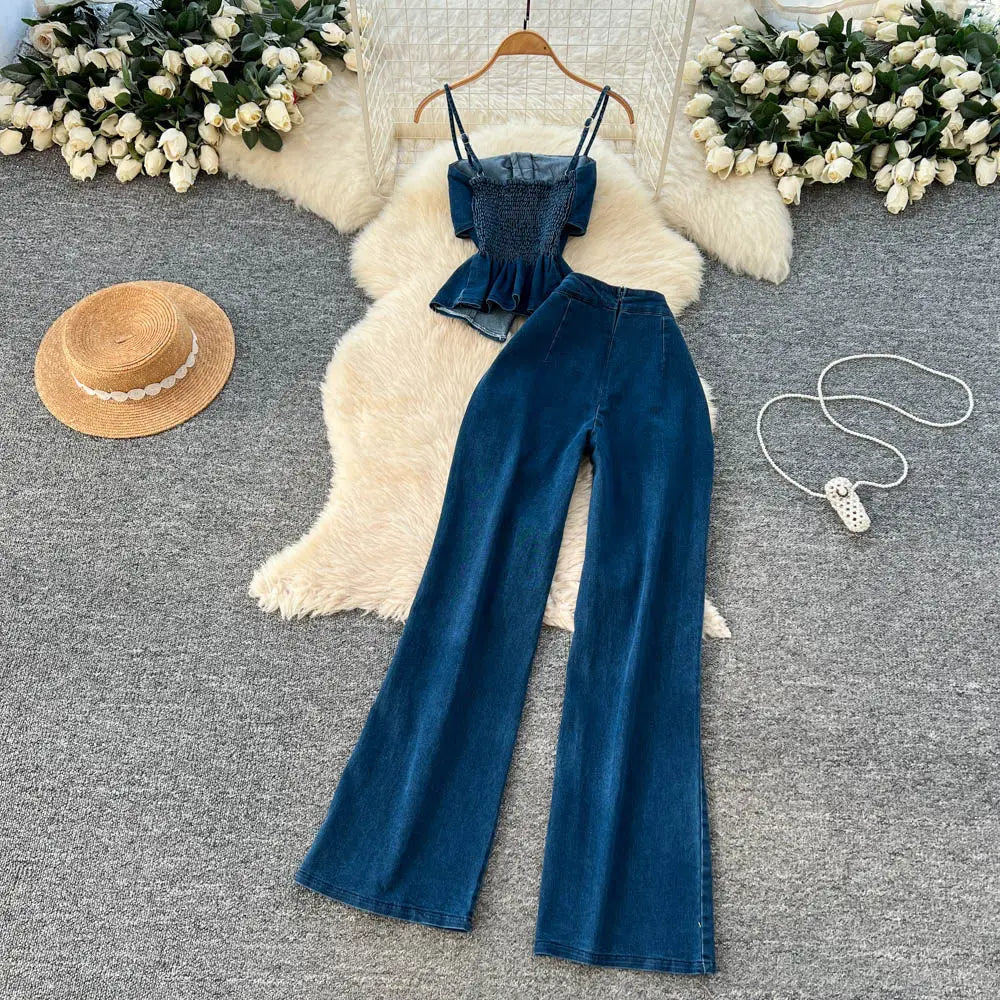 Denim Inspired Two Piece Set Strapless Top And High Waist Wide Leg Pants With Zipper