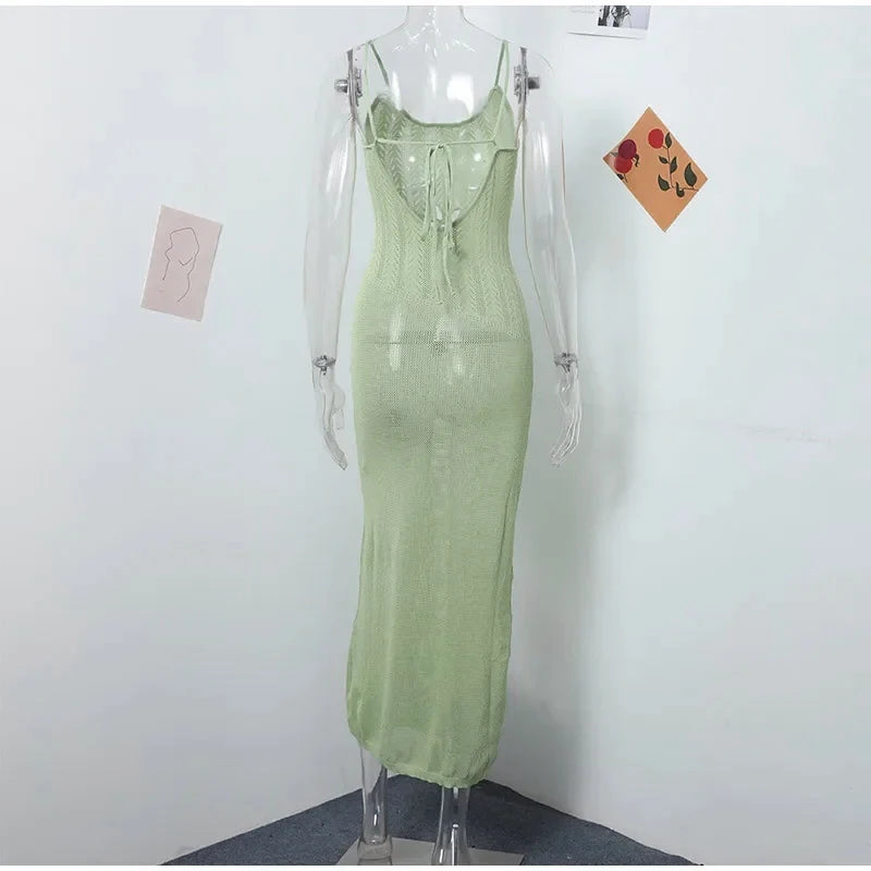 Floral Knit Strap Maxi Dress Backless Beach Cover Up For Summer Vacation And Resort Style