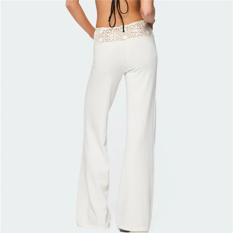 Crochet Knit Pants With Wide Leg And Elastic Waist Hollow Out