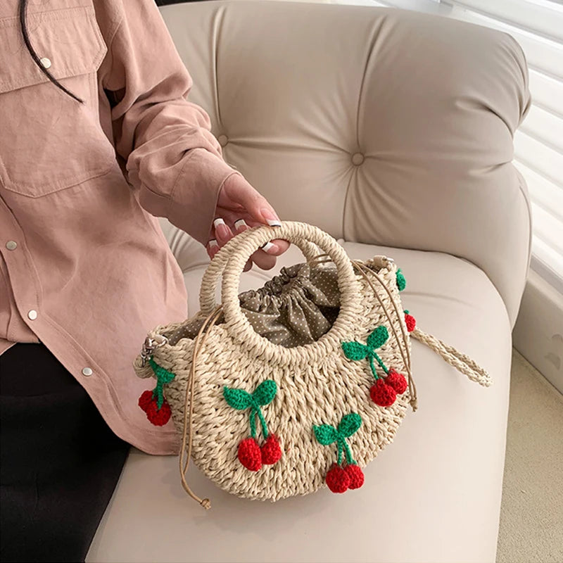 Cherry Deco Chic Shoulder Bag Mini Basket Purse Paper Weave Handmade