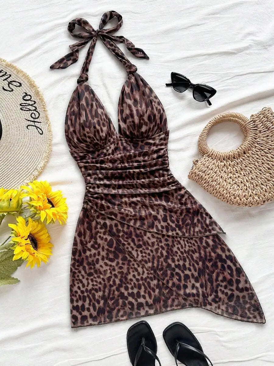 Leopard Halter Neck Mini Dress With Tie Up Front And Ruffle Hem