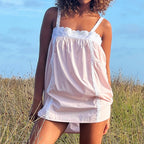 Lace Trim Mini Dress With Ruffle Babydoll Silhouette Spaghetti Strap Boho Sundress