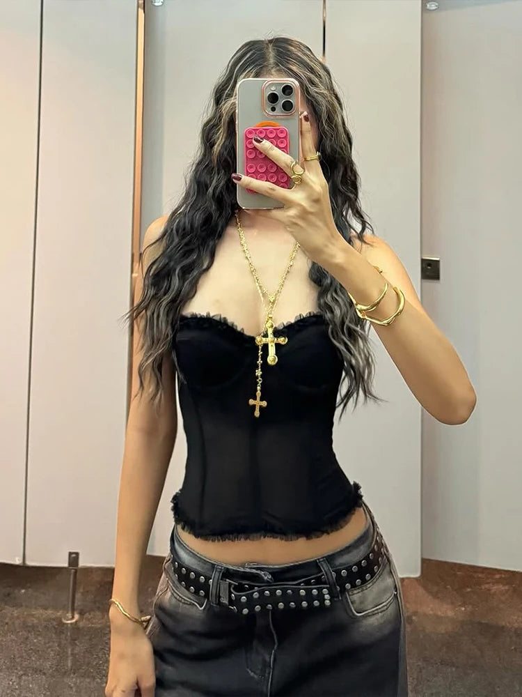 See Through Patchwork Strapless Top With Fishbone Detail Backless Fashion