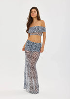 Mesh Two Piece l Set With Long Sleeve Backless Crop Top And Sheer Skirt