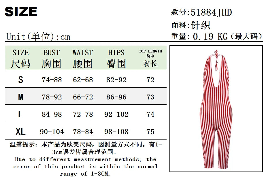 Red Striped Print Backless Halter Playsuit