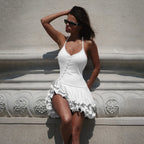 Ruffled Hem Sleeveless Mini Dress With V Neck Backless Irregular A Line Bodycon Streetwear Chic