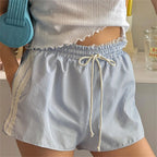 Vintage Kawaii Ruffles Lace Trim Striped Shorts With Drawstring For Cozy Cottagecore