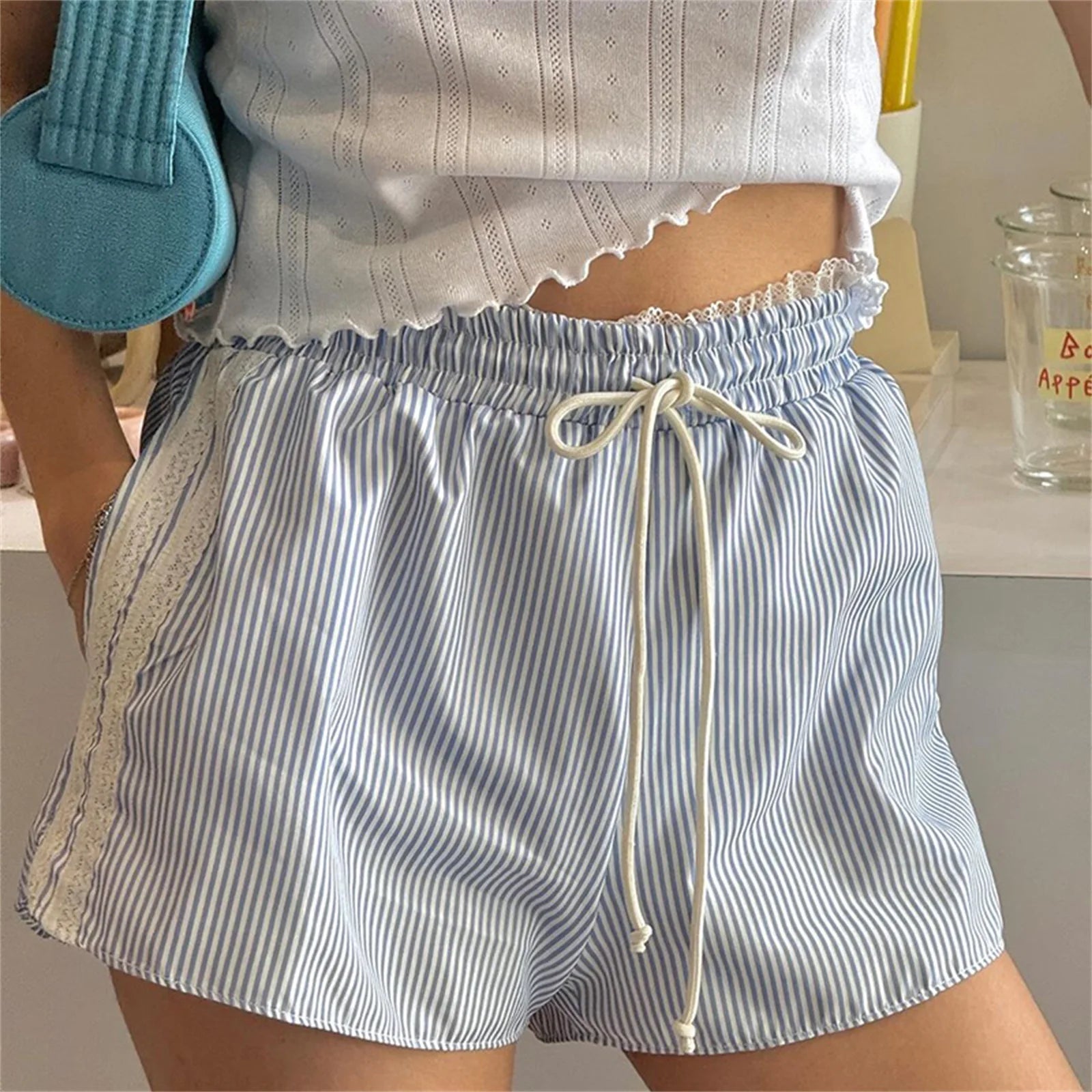 Vintage Kawaii Ruffles Lace Trim Striped Shorts With Drawstring For Cozy Cottagecore