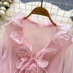 Boho 3D Floral Chiffon Sundress With Long Sleeves Lace Up Ruffle Detail