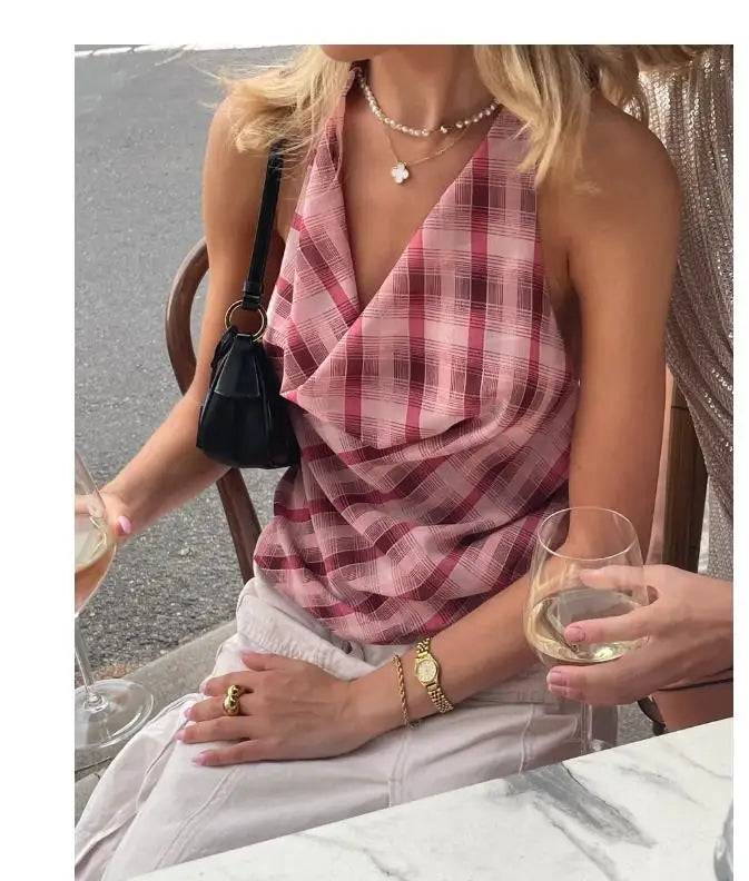 Cowl Neck Backless Crop Top With Vintage Plaid Halter