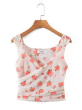 Apricot Floral Mesh Tank Top With V Neck And Ruched Corset Silhouette Sleeveless Crop Cami