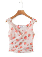 Apricot Floral Mesh Tank Top With V Neck And Ruched Corset Silhouette Sleeveless Crop Cami