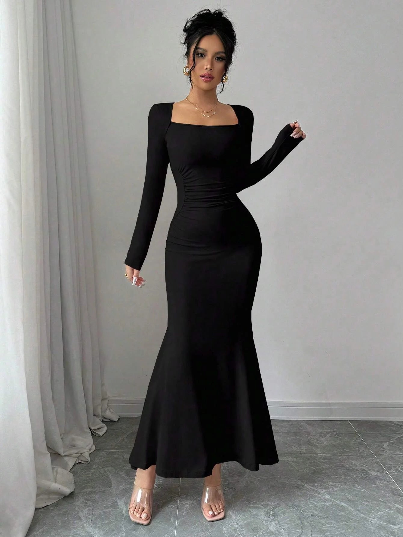Retro Square Collar Dress With Long Sleeves In Solid Color