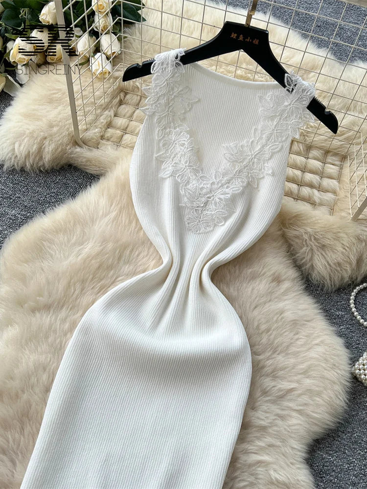French Style Lace Knit Sleeveless Bodycon Maxi Dress