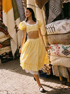 Yellow Gingham Lace Top And Skirt Set Vintage
