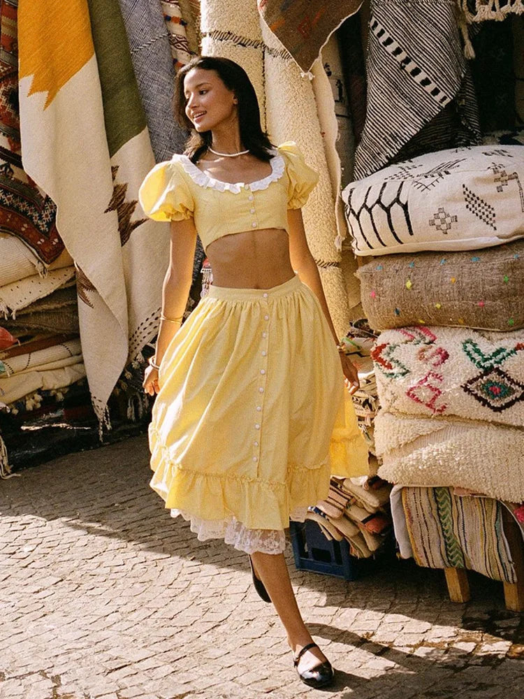 Yellow Gingham Lace Top And Skirt Set Vintage