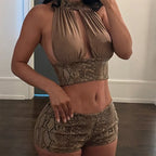 Snake Print Halter Backless Crop Top and Shorts Set Plunge Neck Bodycon Two Piece Clubwear