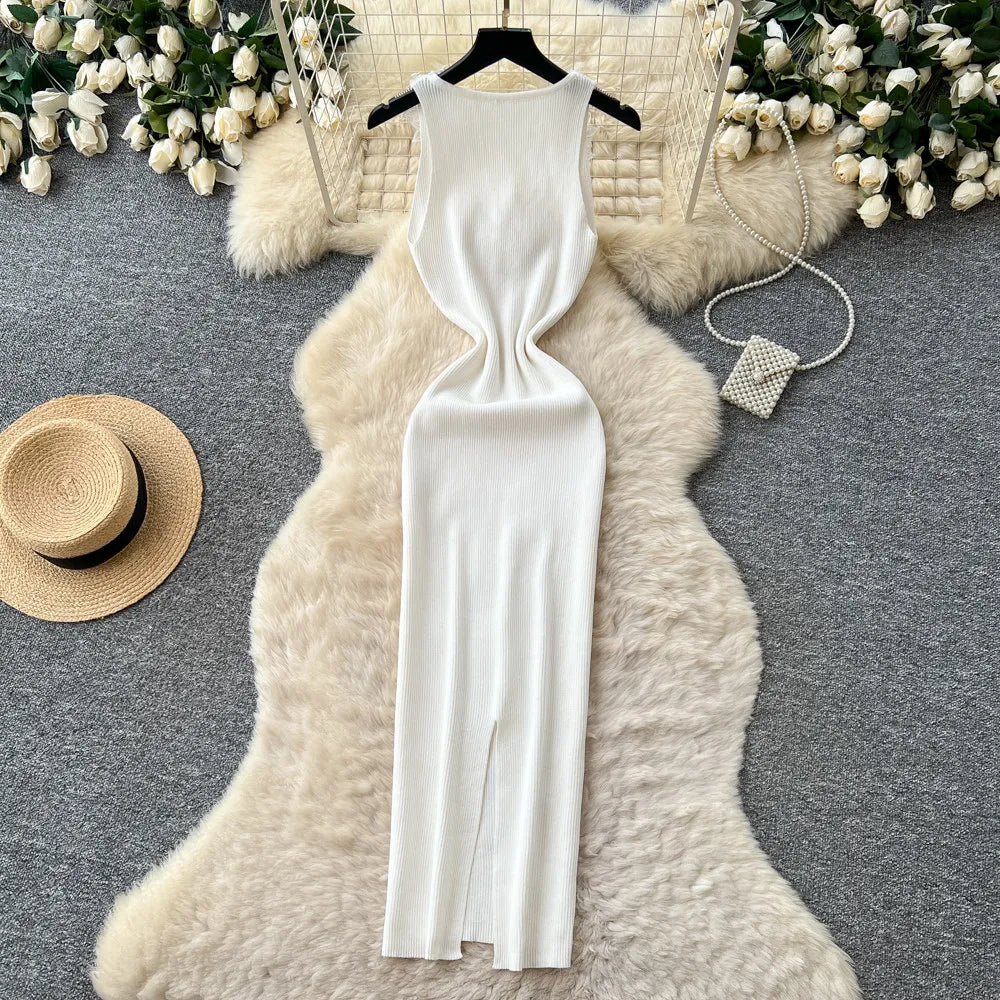 French Style Lace Knit Sleeveless Bodycon Maxi Dress