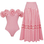 Women's One Piece Swimsuit Strapless 3D Floral Striped Monokini with Wire-free Padded
