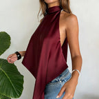 Backless Hollow Out Halter Tank Top With Pleated Detail