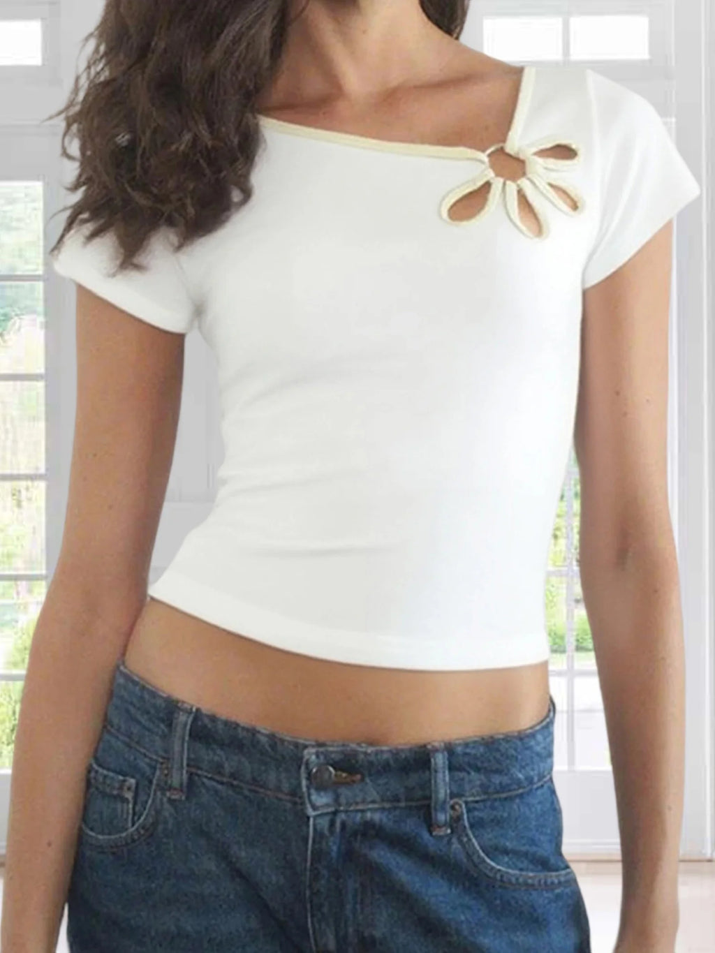 Nostalgic Streetwear Tee With Hollow Flower Cutout Slim Fit Half Sleeve For Women