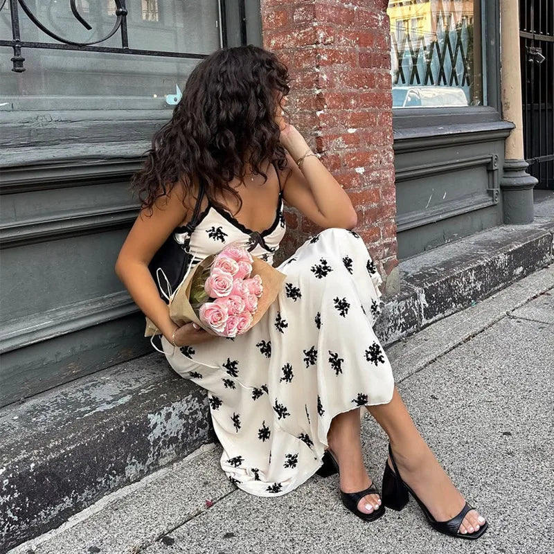 Patchwork Lace Midi Dress With Halter Neck And Backless Silhouette