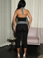 Stripes Patchwork Halter Jumpsuit Backless Sleeveless Skinny Stretch Fit