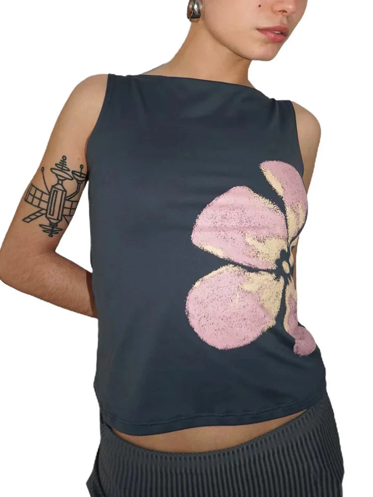 Floral Print Crop Tank Top For Women Fitted Boat Neck Sleeveless