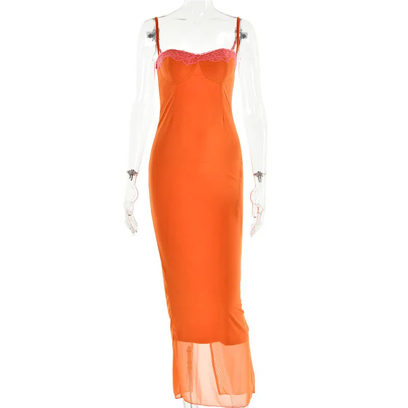Lace Spaghetti Strap Bodycon Maxi Dress With Patchwork Backless
