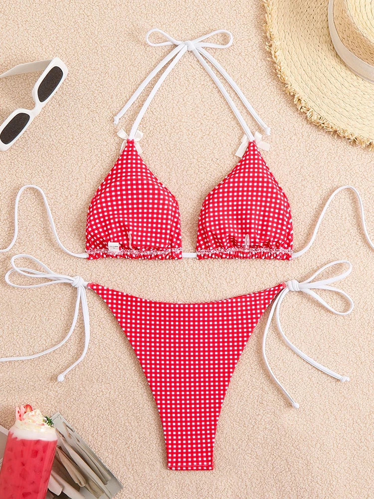 Plaid Dot Swimsuit With Neck Bow Tie Vintage Beachwear
